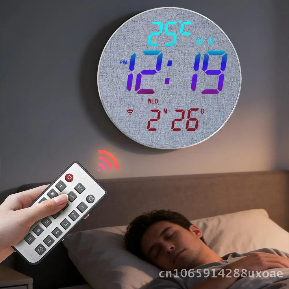 Summer Time Digital Wall Clock Bluetooth Smart Light-Sensing Snooze Alarm with Automatic Time Setting LED Display Thermometer
