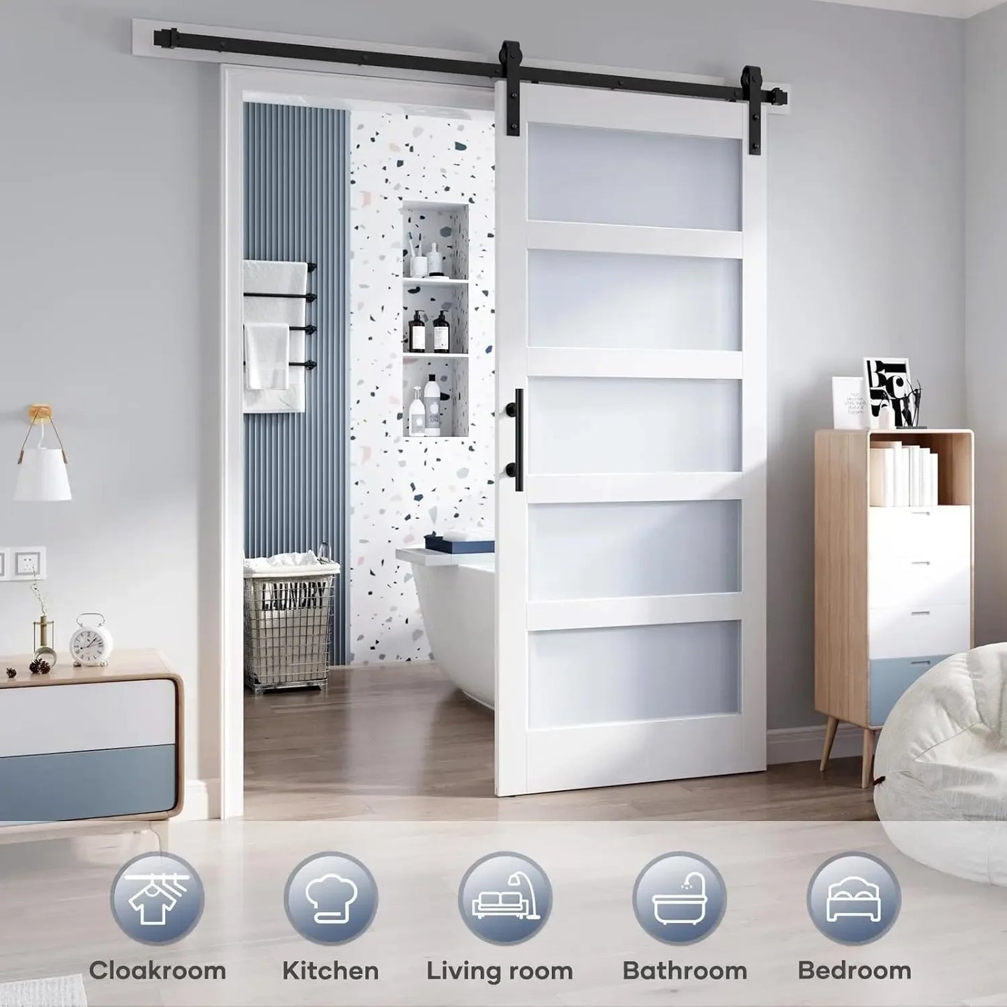 [Limited Stock!]36x84 Inch Glass Sliding Barn Door Slab and 6.6ft Hardware Kit Included, 5 Frosted Glass, LVL Wood Panel Covered