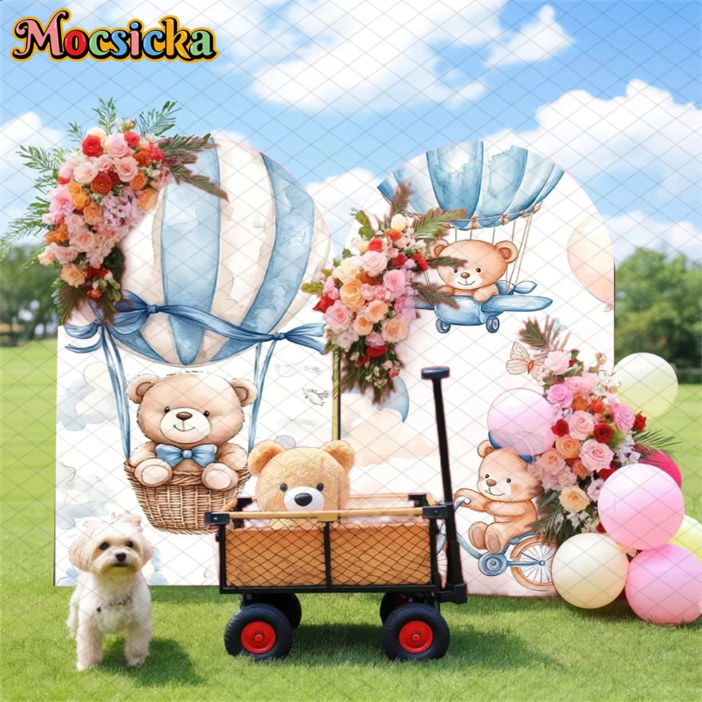 Mocsicka Bear Arch Backdrop Cover Baby Shower Birthday Party Arched Background Props Hot Air Balloon Pattern Art Decor Photocall