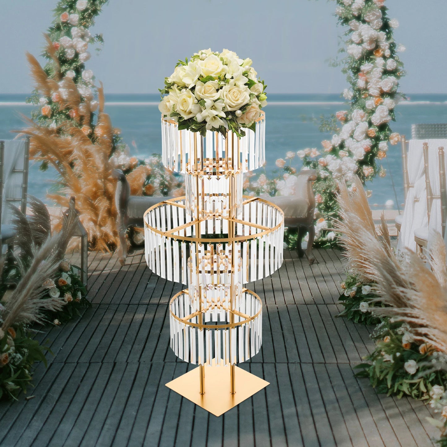 5 Tiers Gold/Silver Wedding Centerpieces Flower Stand Vase Centerpiece Acrylic Flower Stand with Hanging Acrylic