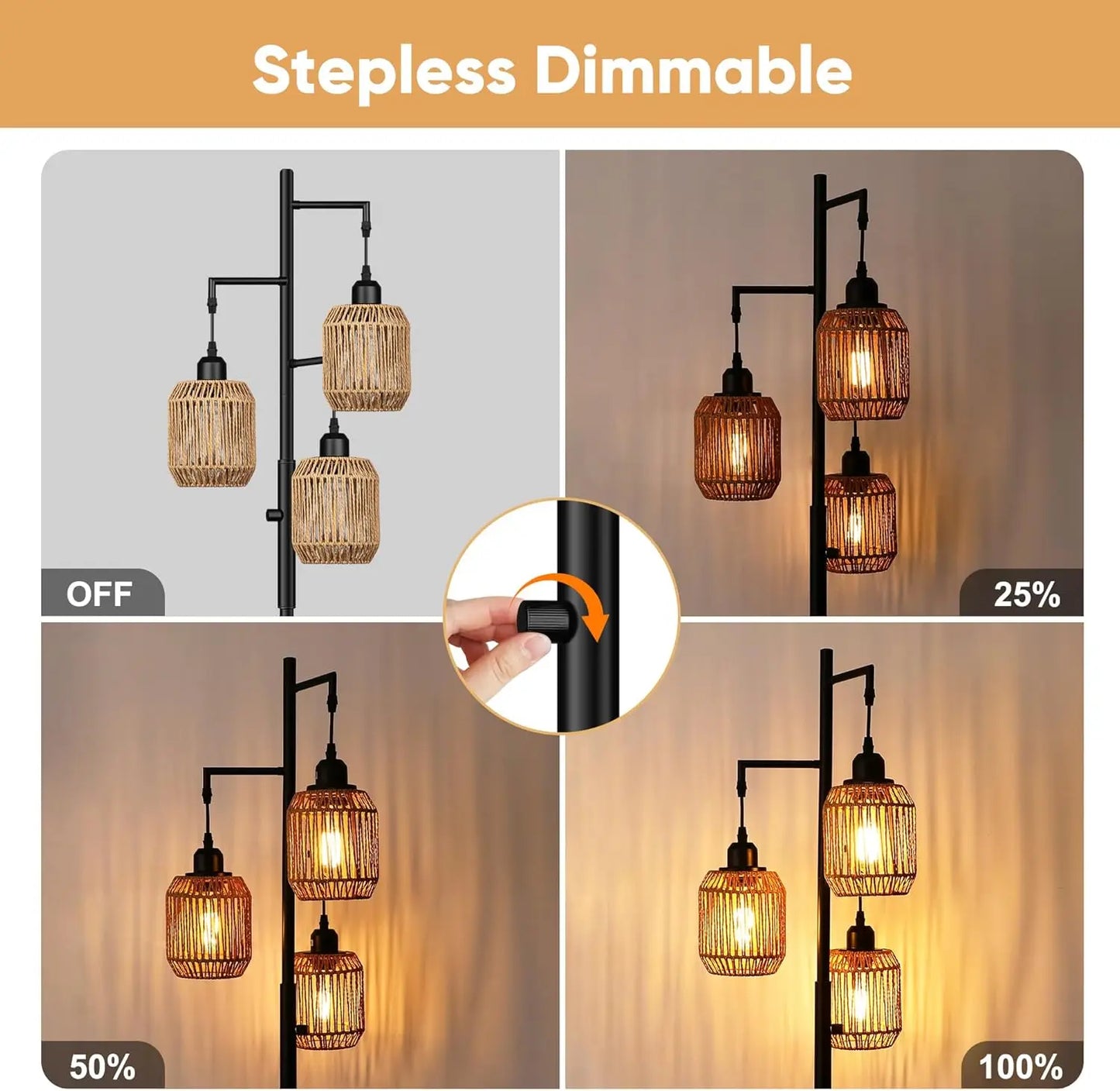 Dimmable Boho Floor Lamp - 3 Light Farmhouse Rattan Design for Living Room, Bedroom & Office, 68" Black