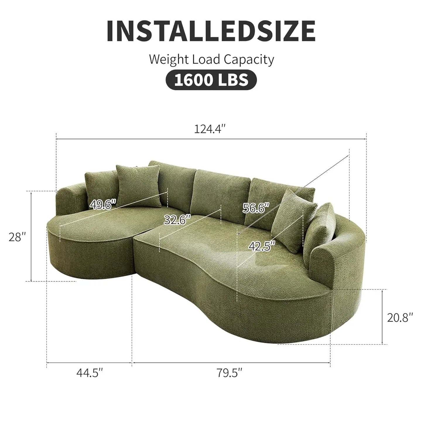 124" Oversized Boneless Couches for Living Room, Sectional Curved Sofa with 7 Pillows, L-Shape Boneless Couch with, Customized