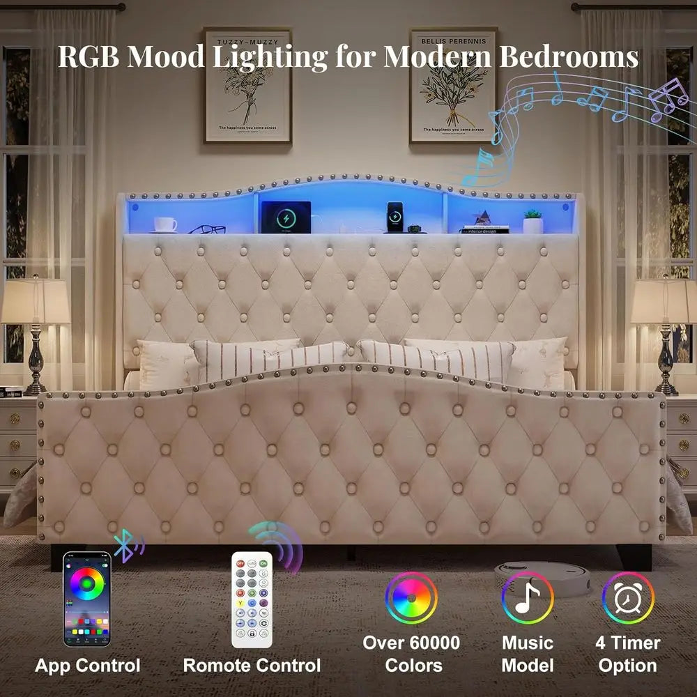 Velvet Wingback Bed Frame with LED Lights, Storage, and Charging Station - No Box Spring Needed,Customized