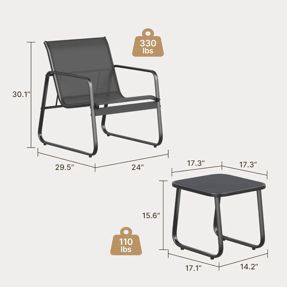 Patio Chairs Set of 2 with Metal Frame Glass Table