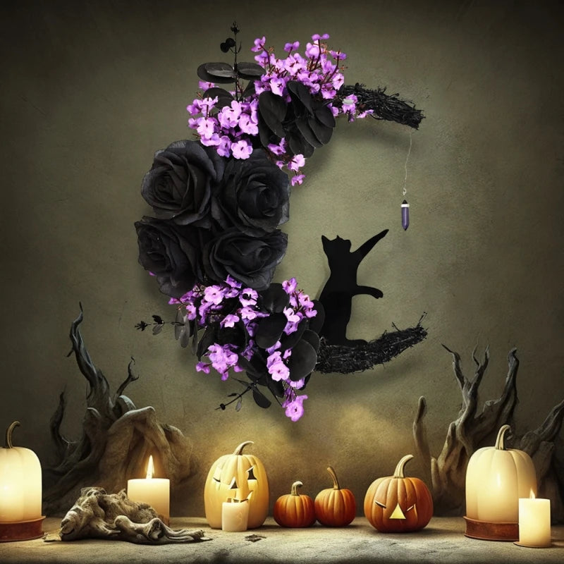 Moon Shaped Door Wreaths Halloween Decorations Welcome Sign Goth Roses Black Cats Garland Front Door Ornament Halloween Signs