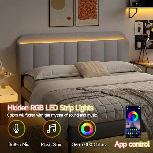 Adjustable Headboard for King/California King Size Bed Frame, Linen Fabric Bed Headboard with Storage & RGB LED Light