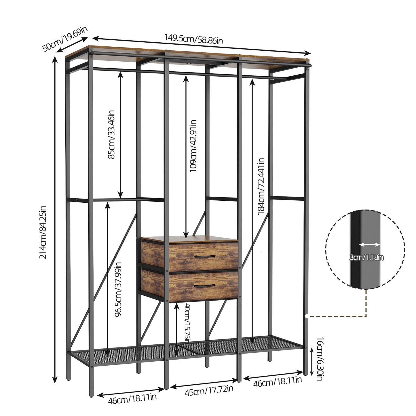 Industrial Coat Rack Stand With Two-Drawer Wardrobe Shelves