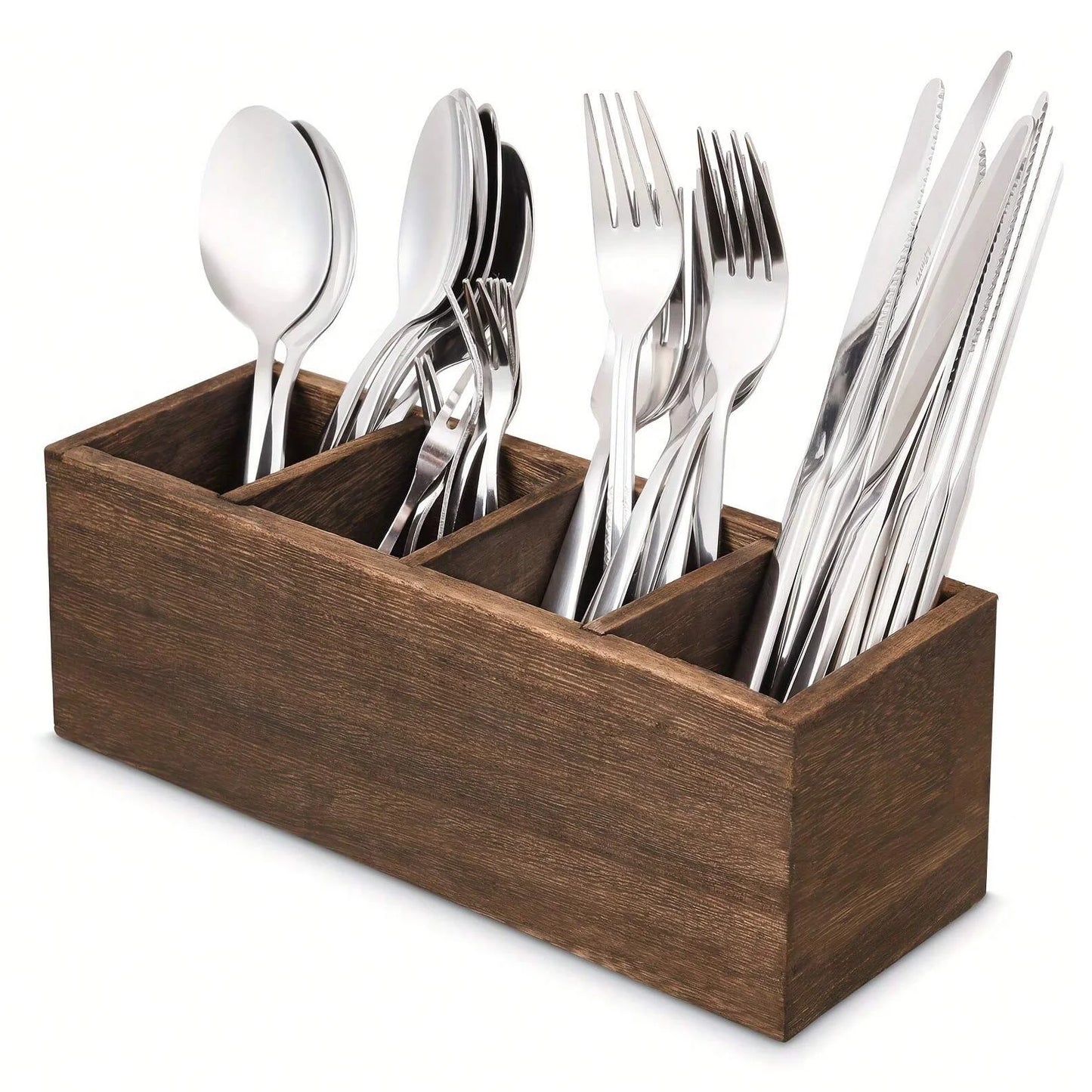 Wood Cutlery Caddy Kitchen Utensil Organizer with 4 Compartments Silverware Storage Kitchen Countertop Flatware Organizer