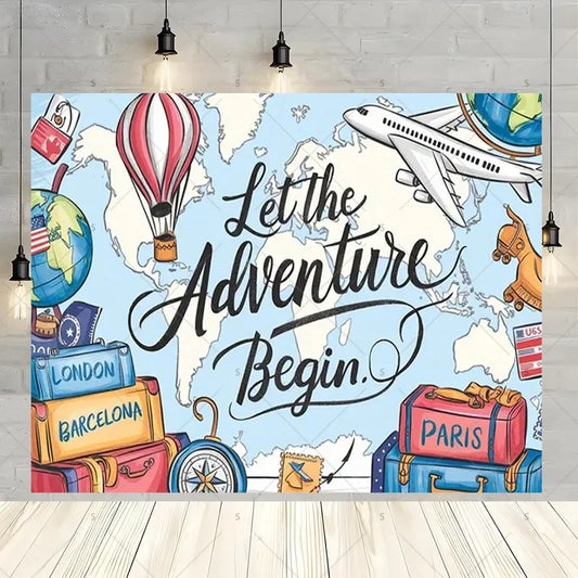 Let The Adventure Begin World Airplane Graduation Backdrop