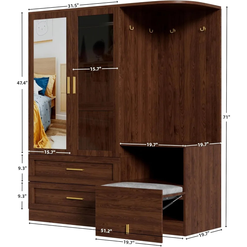 Wooden Farmhouse Armoire Wardrobe With Mirror Freestanding Closet