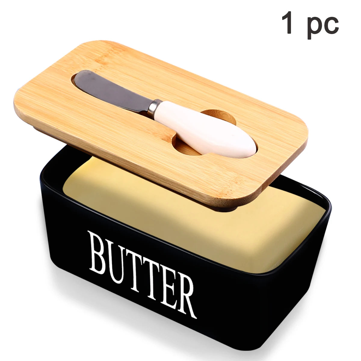 Ceramic Butter Dish With Bamboo Lid Built In Knife And Butter Keeper