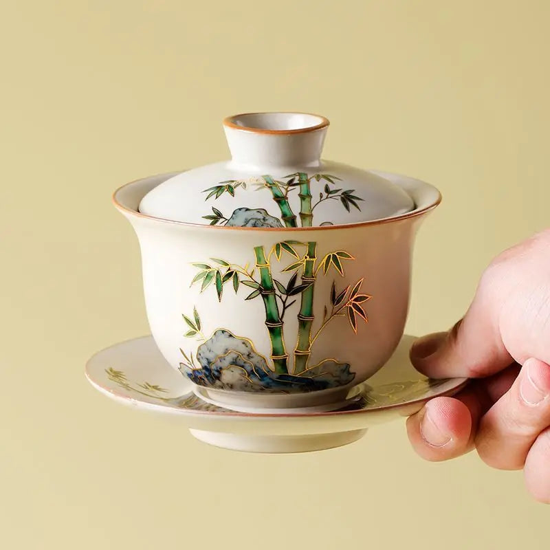 Gaiwan Tea Set 1 Gaiwan, 2 Cups, Hand-painted Ceramic, High-end Kung Fu Tea Set, Ru Kiln Teaware