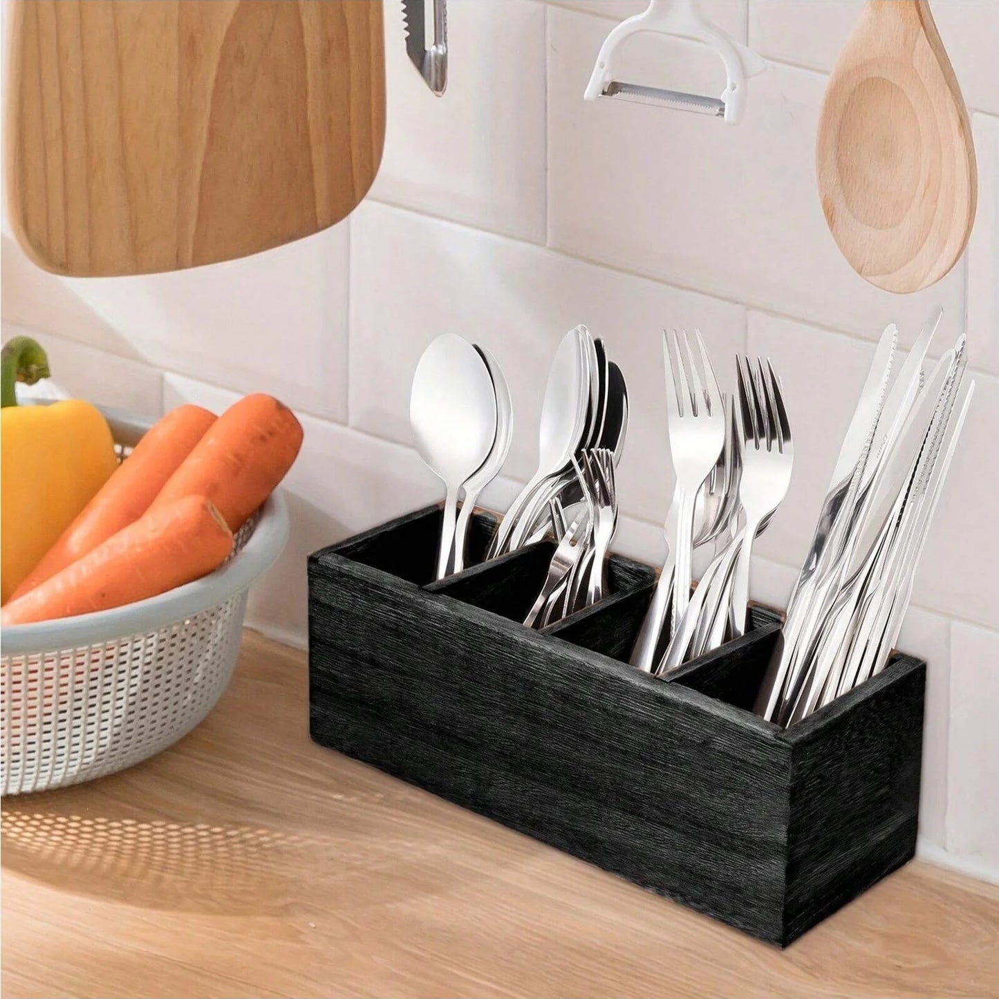 Wood Cutlery Caddy Kitchen Utensil Organizer with 4 Compartments Silverware Storage Kitchen Countertop Flatware Organizer