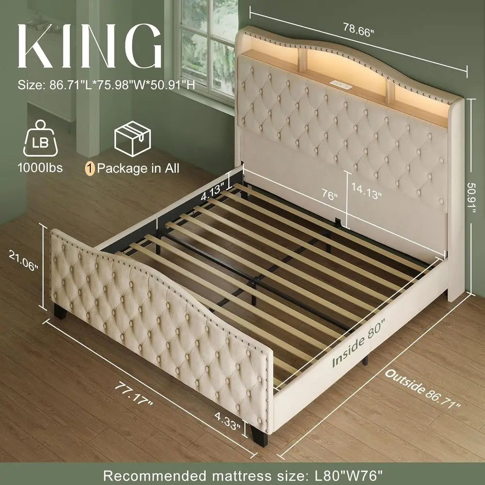 Velvet Wingback Bed Frame with LED Lights, Storage, and Charging Station - No Box Spring Needed,Customized