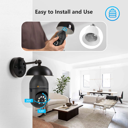 JENNOV 3MP Light Bulb Security Camera 360 Degree Wireless WiFi