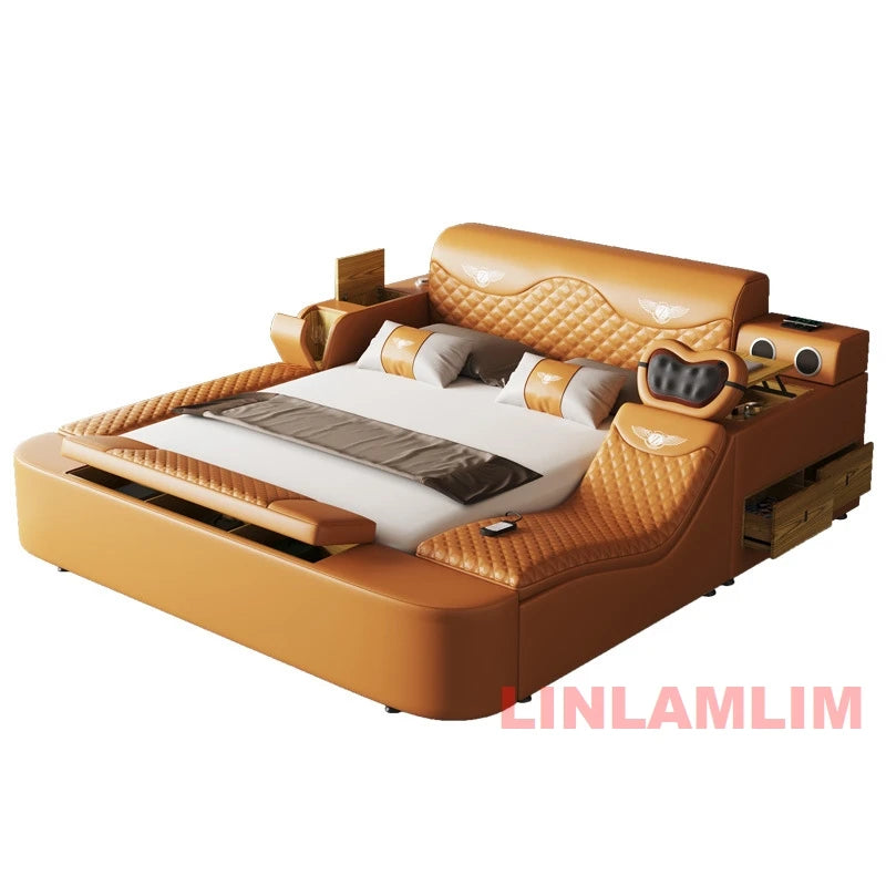 All In One Bed, Luxury Upholstered Platform Bed Frame with Storage, Speaker,LED Light & USB, Genuine Leather Bed King/Queen Size
