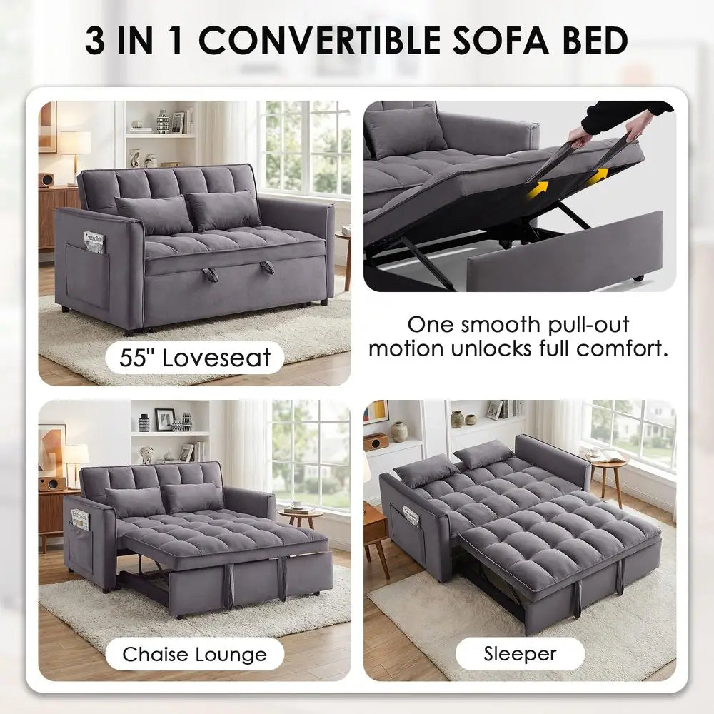 in 1 Convertible Sleeper Sofa Bed, 55 Pull Out Couches, Modern Loveseat Sleeper Sofa with Adjustable Reclining Backrest amp Sid