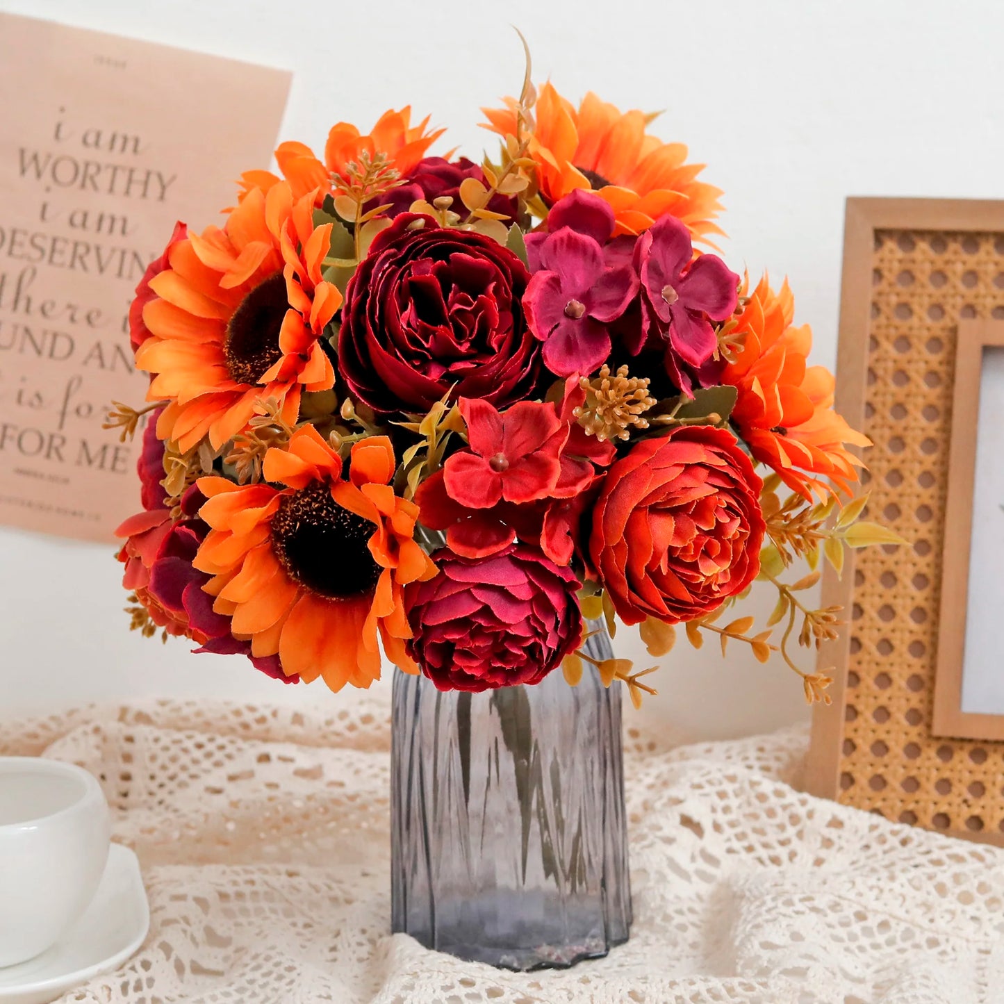 Autumn Sunflowers Peony Artificial Flowers Silk Bouquet Wedding Christmas Room Table Decoration For Vase Home DIY Fall Decor