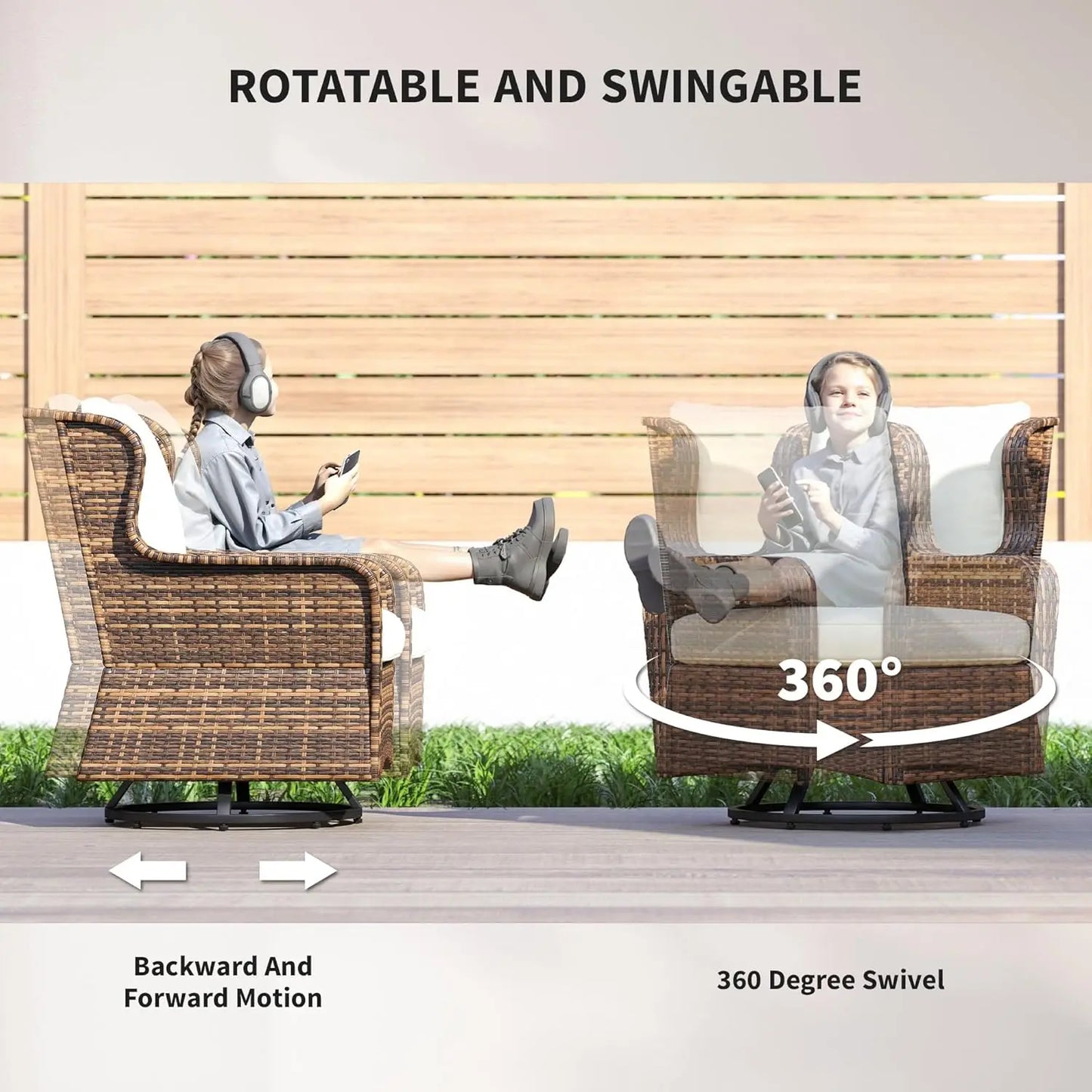 4 Piece PE Rattan Outdoor Patio Furniture Set, Wicker Conversation Set with 2 Swivel Glider Chairs, 2-Tier Glass, Customized