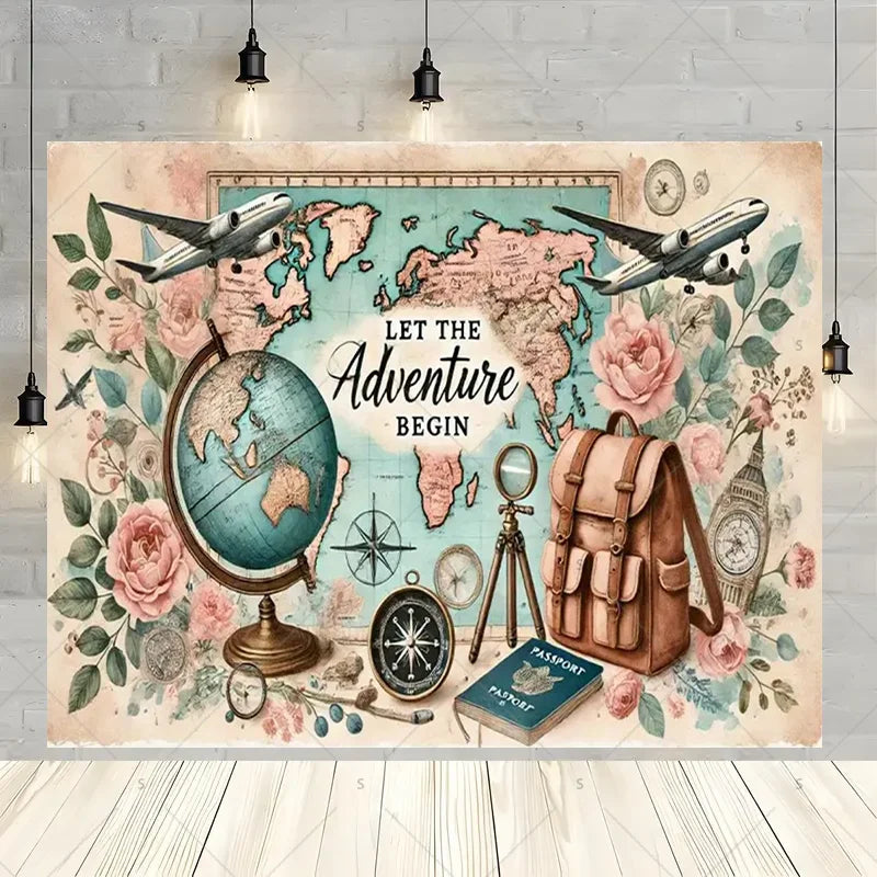 Let The Adventure Begin World Airplane Graduation Backdrop