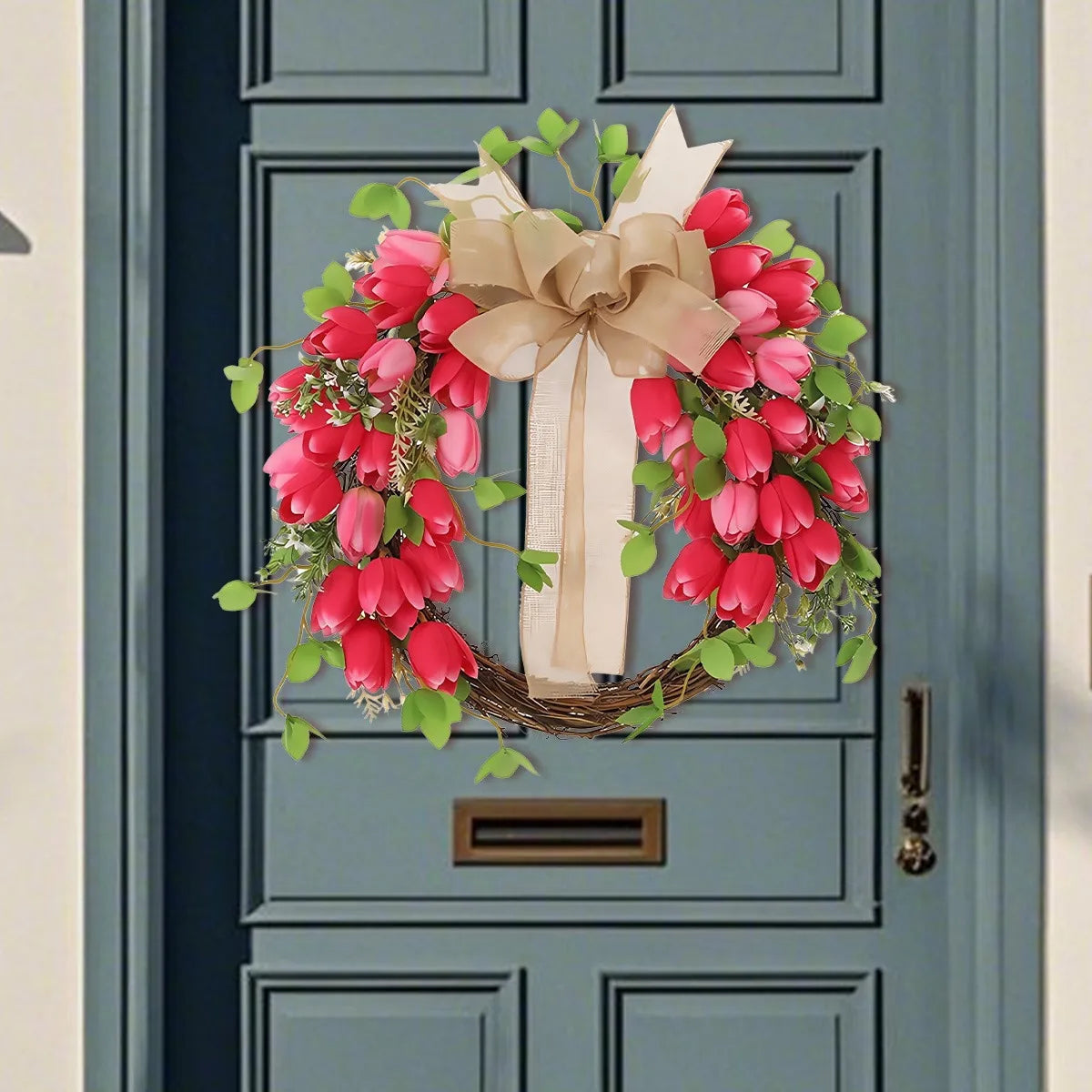Valentine's Day Tulip Wreath for Front Door, 17.7 Inch Valentine Door Wreath Valentine's Wreaths Tulip Wreath with Red