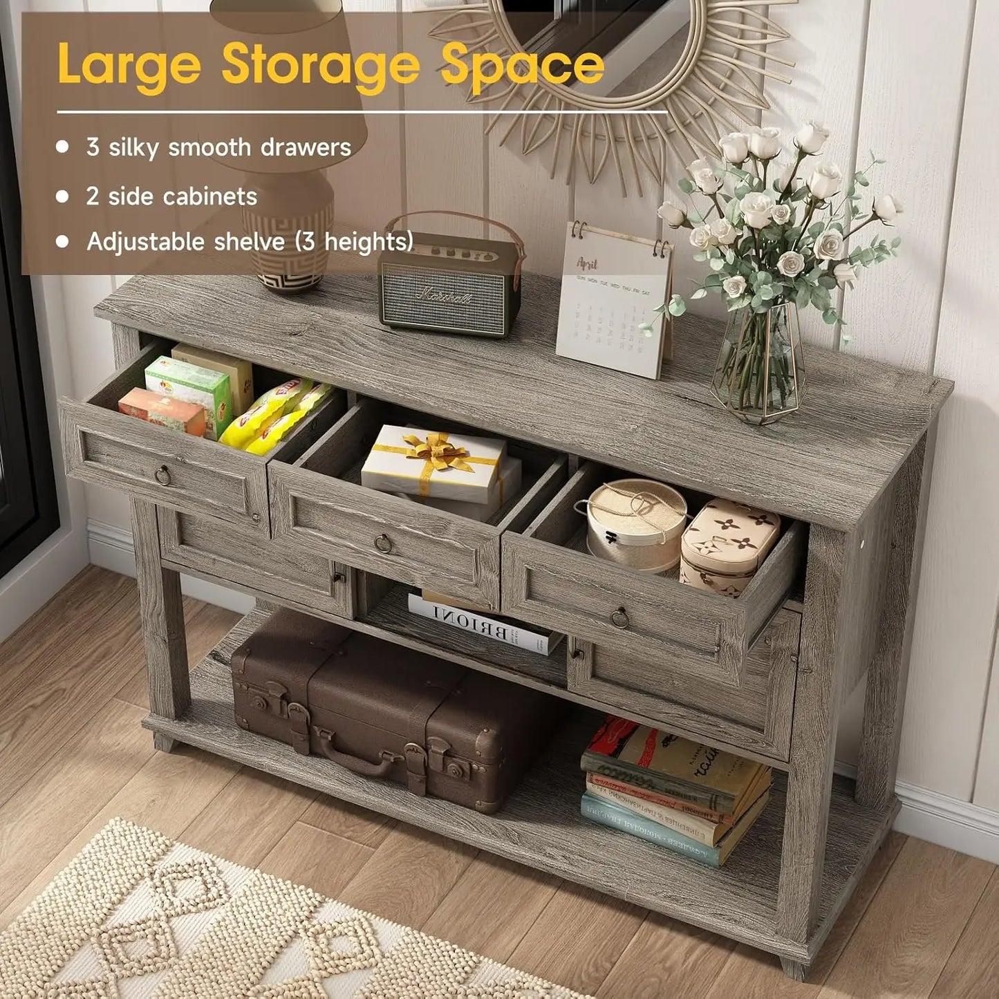 Vabches Entryway Console Table With 3 Drawers And Doors