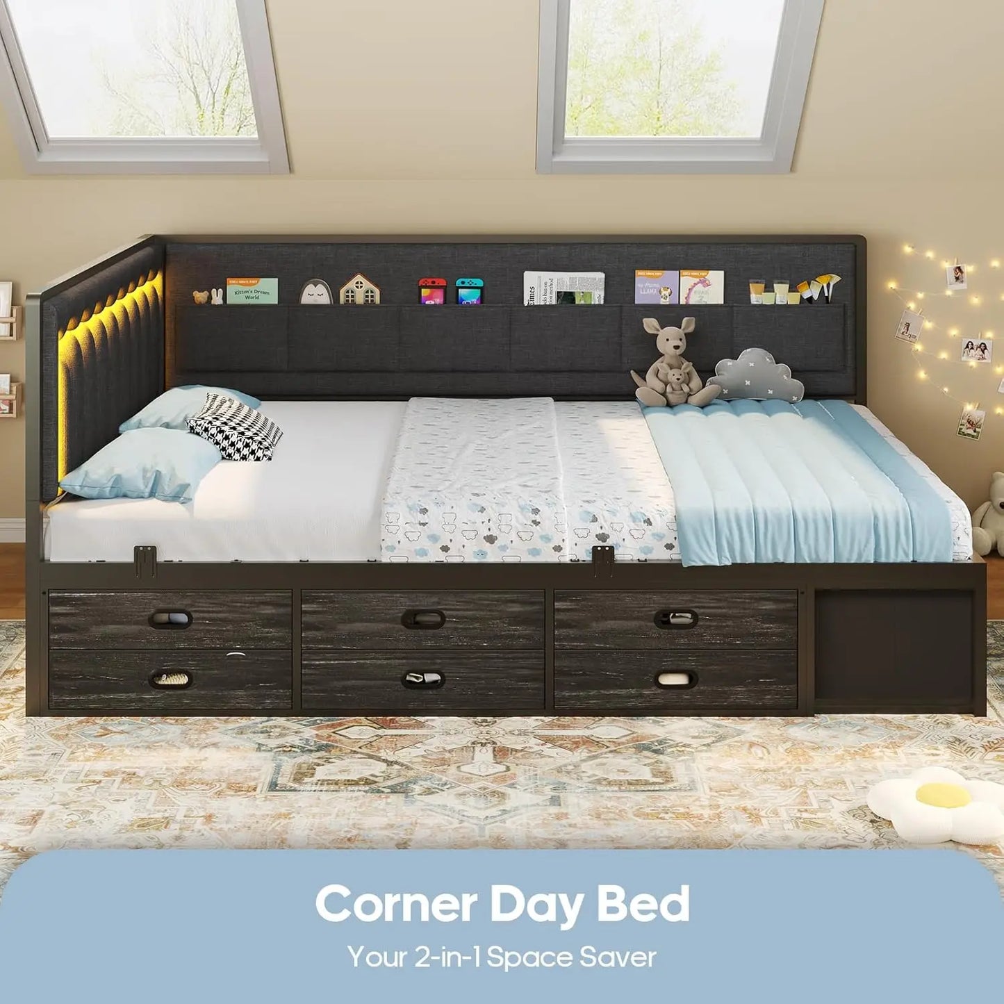 Full Corner Bed Frame with 8 Drawers, 6 Storage Pockets, Full Daybed with Storage and RGB Wave Lights, Platform Bed with L-Shape