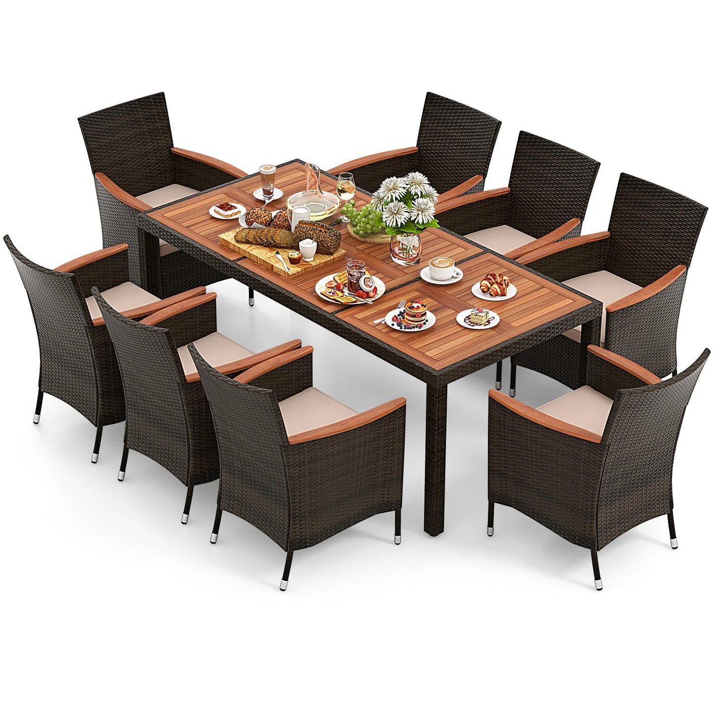 9 Piece Wicker Dining Set Cushions Umbrella Hole Chairs