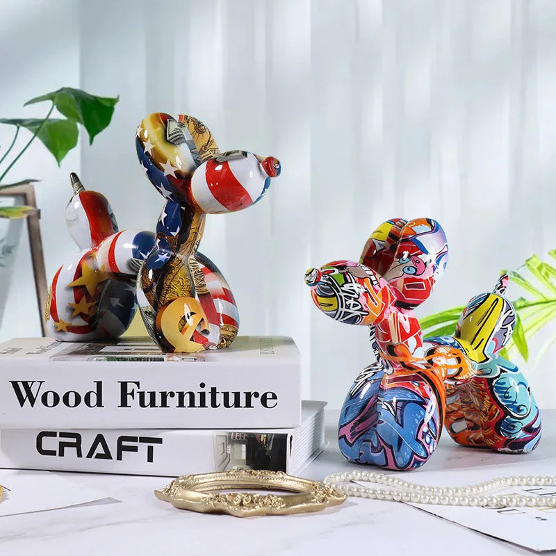 Whimsical Water-Transfer Balloon Dog Sculpture-Dazzling Graffiti Art Decor for Living Room/Entryway,Vibrant TV Stand Centerpiece