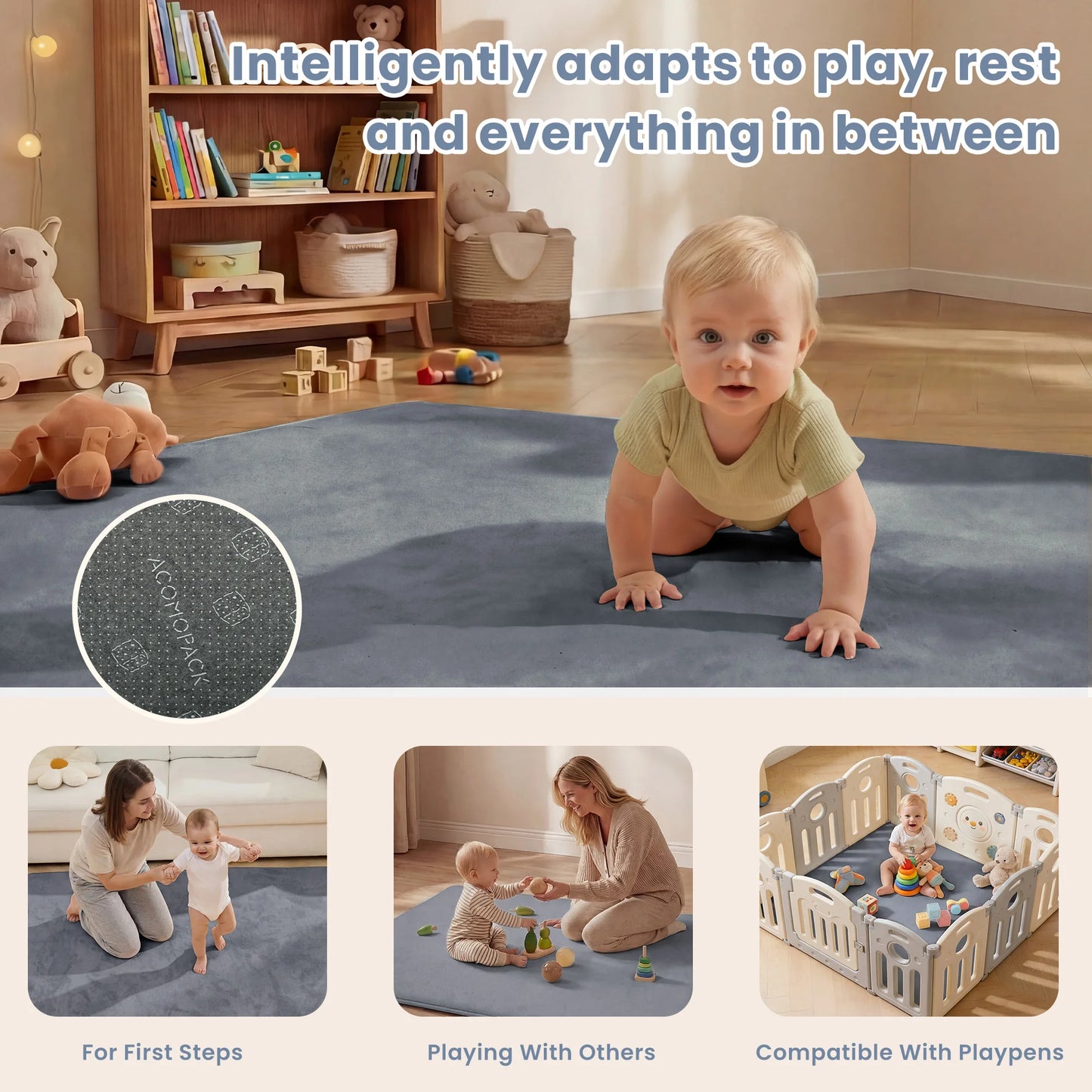 1.3inch Thick Baby Play Mat for Tummy Time Memory Foam Carpet Large Crawling Soft Velvet Non-Slip Nursery Rug for Floor Kids