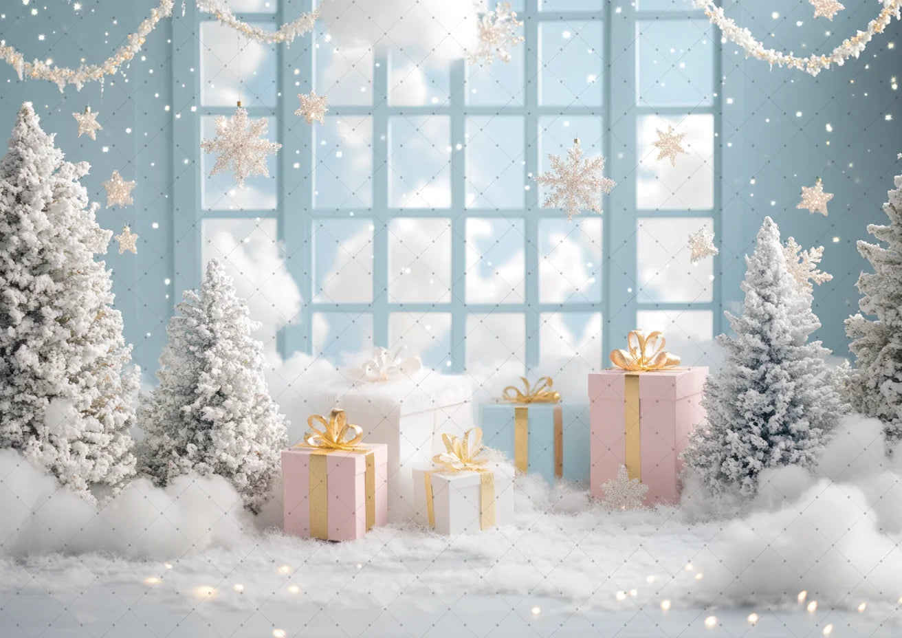 Photography Backdrop Christmas Trees Stars Newborn Birthday Portrait Window Tulle Curtains Gift Decor Photo Background