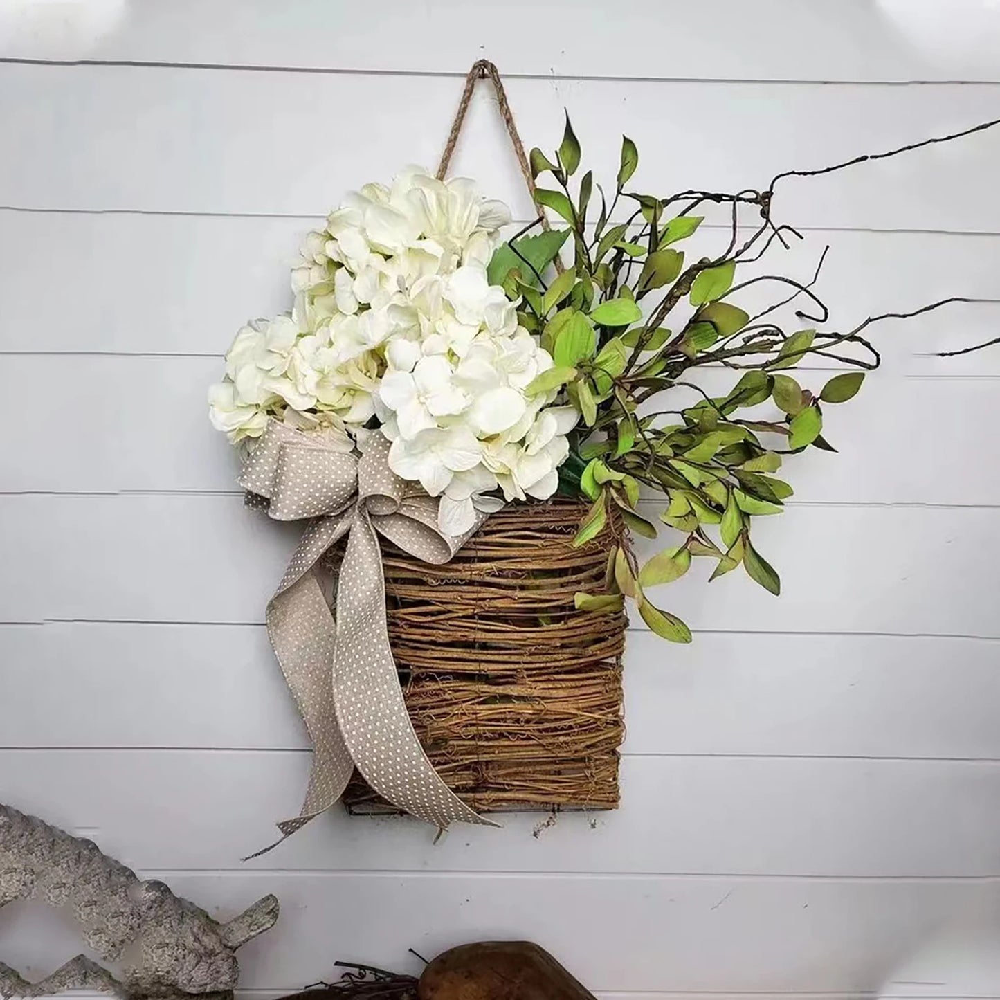 Shunmaii Artificial Flower Wreath With Rattan Basket Pendant Door Decor