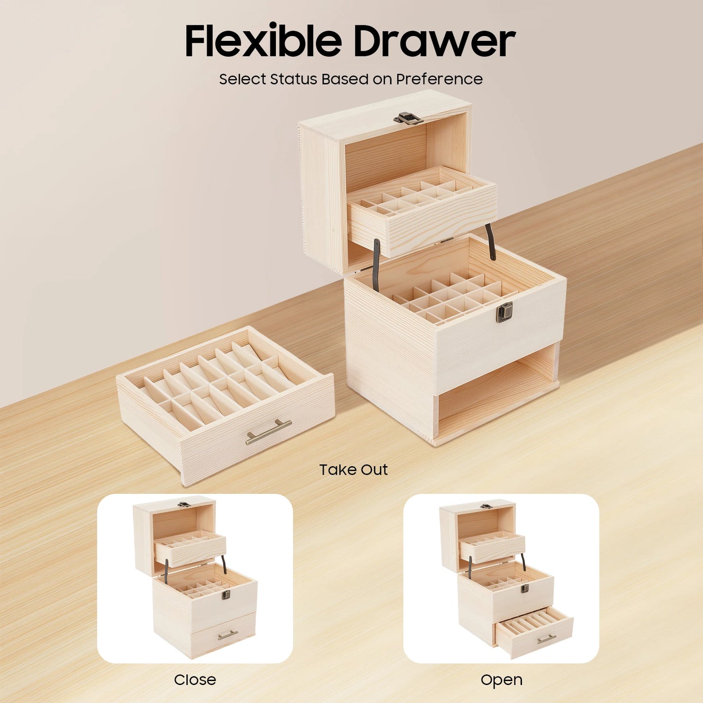 NONECN Wooden Essential Oil Storage Box Organizer Three-Tier 59 Slots
