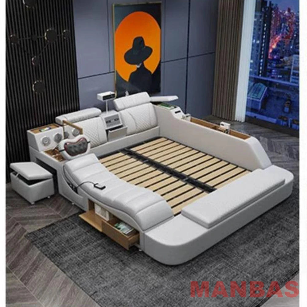 King/Queen Size Genuine Leather Bed, Modern Tech Smart Bed with Projector,USB, Speaker, Luxury Multifunction Bed, All In One Bed