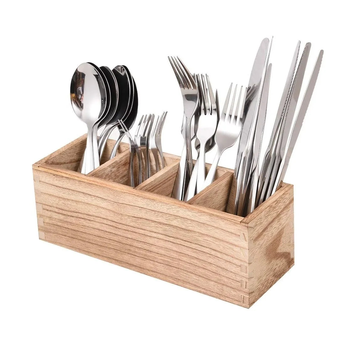 Wood Cutlery Caddy Kitchen Utensil Organizer with 4 Compartments Silverware Storage Kitchen Countertop Flatware Organizer
