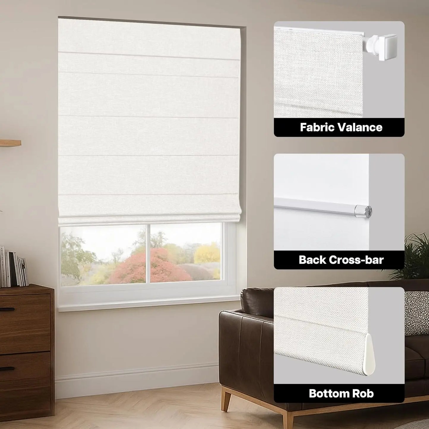 No Drill Cordless Roman Shades, Blackout Thermal Insulated UV Blocking Window Blinds, Lightweight Fabric for Indoor Windows