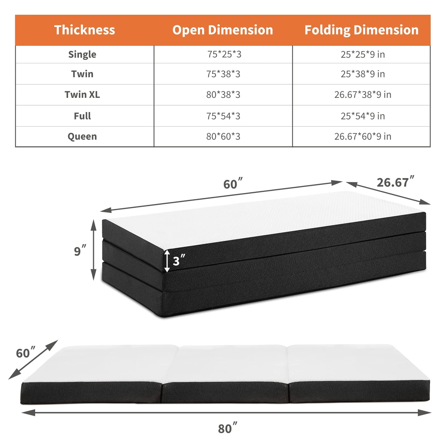 MCQ Foldable Tri-fold Mattress 3 Inch Portable Soft Bed Pad Collapsible and Washable Cover with CertiPUR-US Certified for Home
