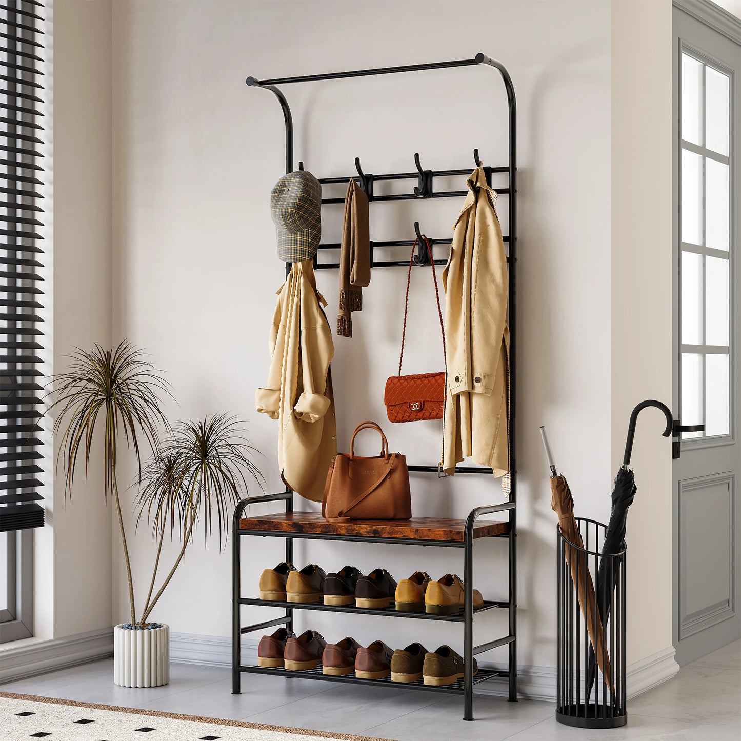 Three In One Hall Tree With Shoe Rack And Coat Hooks