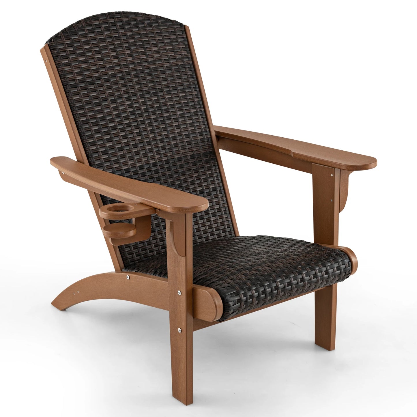 Patio Adirondack Chair w/ Rattan Padded Seat Wide Armrests & Hidden Cupholder