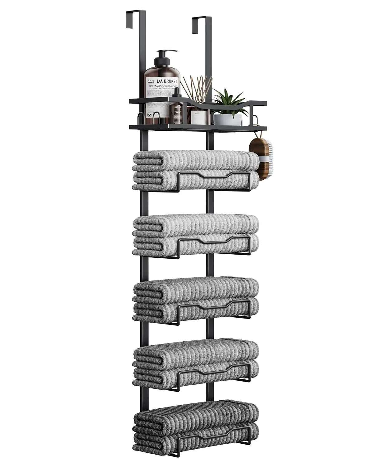 Hanging Towel Racks For Bathroom No Drill - 6-Tier Over The Door Bath Towel Storage Organizer For Small Bathrooms - Tiered Back