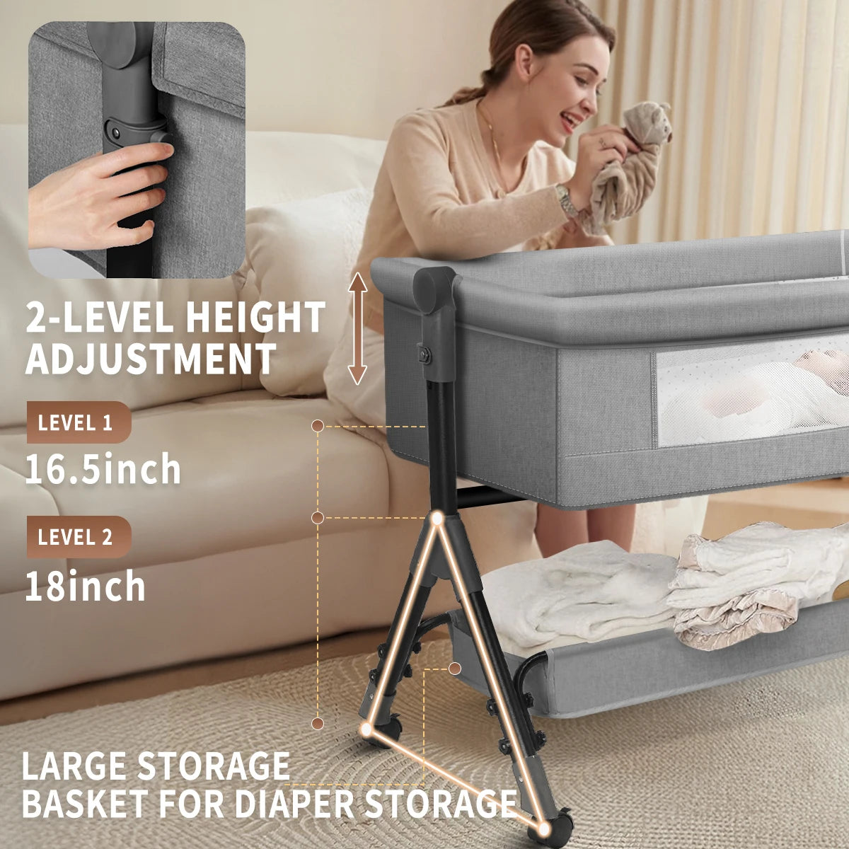 3-in-1 Adjustable Height Baby Bassinet Beside Sleeper Baby Easy Folding Bedside Bassinet Storage Basket、Mattress and Wheels
