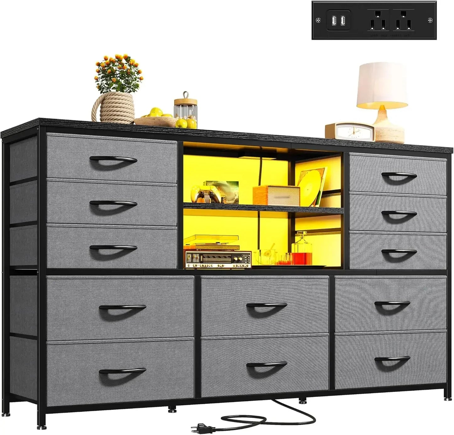 LED Light and Power Outlet Dresser TV Stand With Drawers