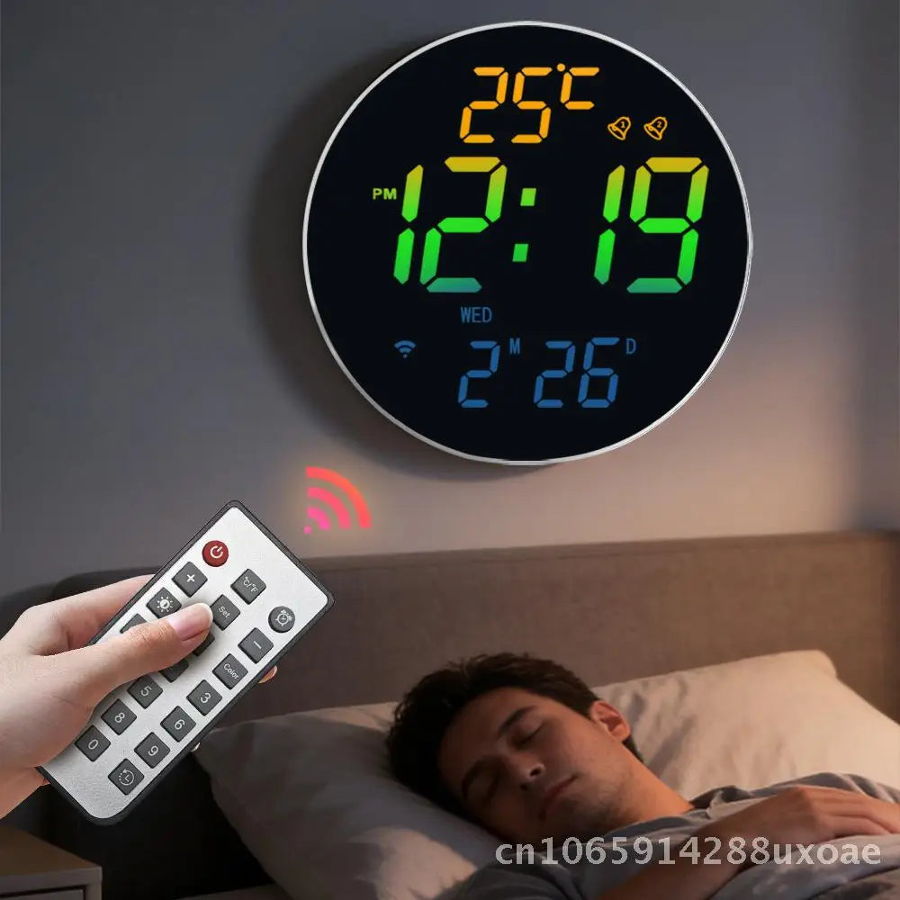 Summer Time Digital Wall Clock Bluetooth Smart Light-Sensing Snooze Alarm with Automatic Time Setting LED Display Thermometer
