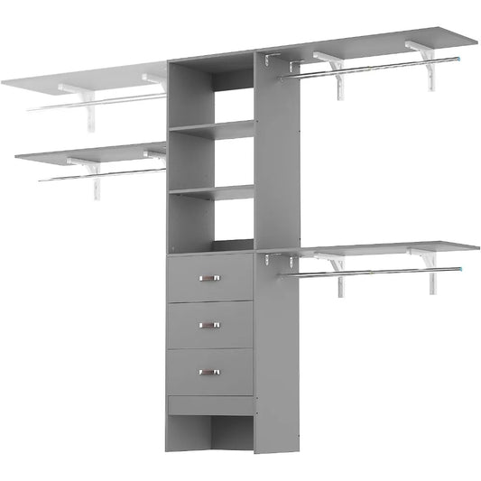 96 Inch Closet System With 3 Hanging Rods And Drawers