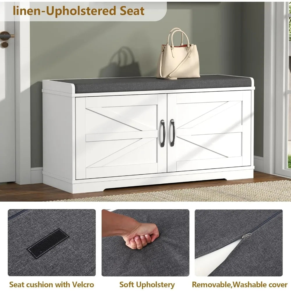 Shoe Storage Bench Two Tier Farmhouse Entryway Padded Seat