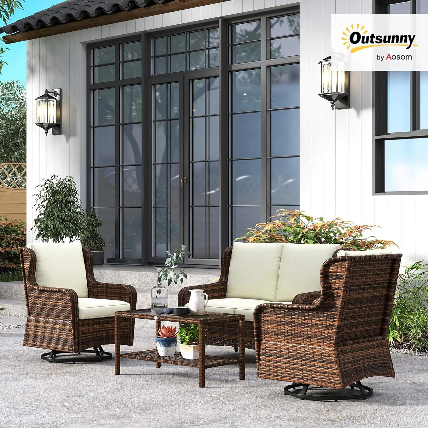 4 Piece PE Rattan Outdoor Patio Furniture Set, Wicker Conversation Set with 2 Swivel Glider Chairs, 2-Tier Glass, Customized