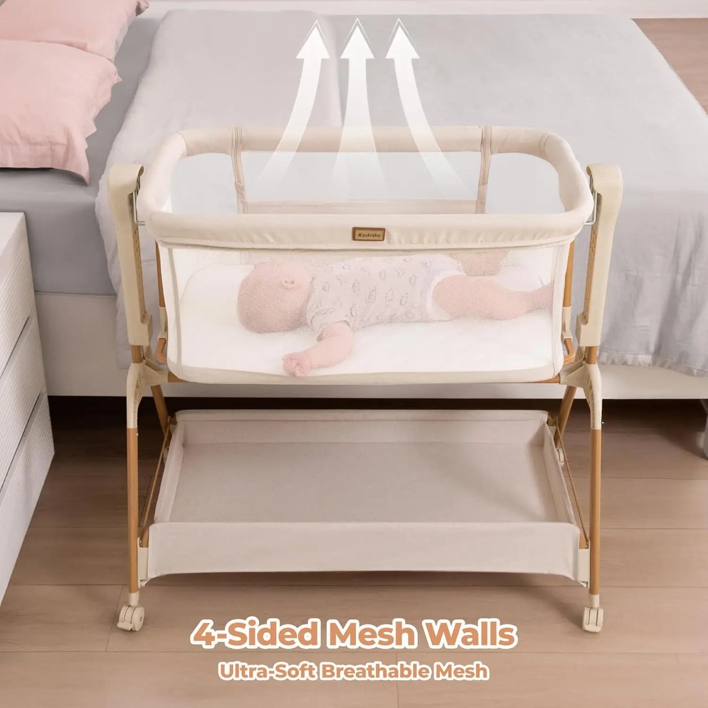 Ezebaby Baby Bassinet Bedside Sleeper: 3-in-1 Rocking Bassinet for Baby - Breathable Full-Mesh Crib with Mattress