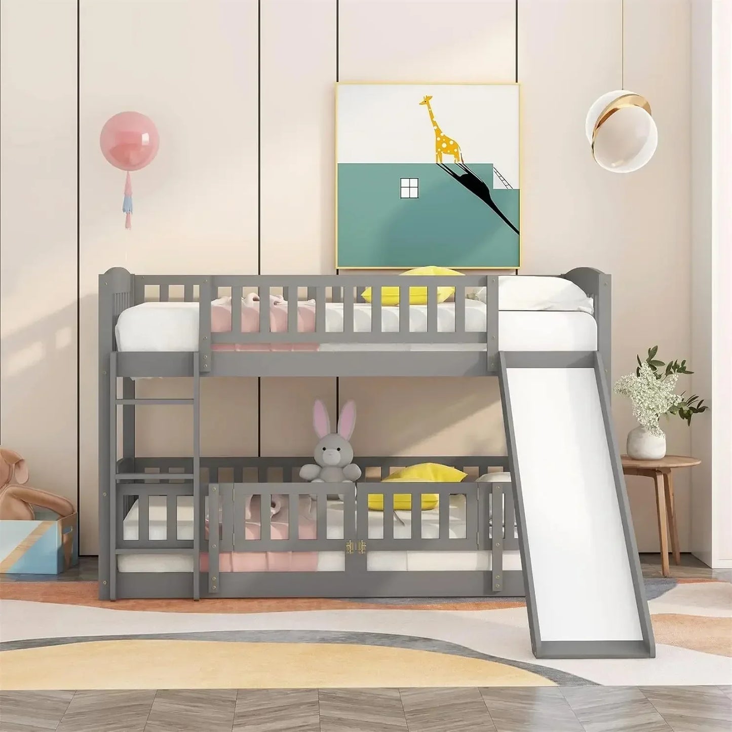 XMSJ Low Bunk Bed With Slide Twin Over Twin