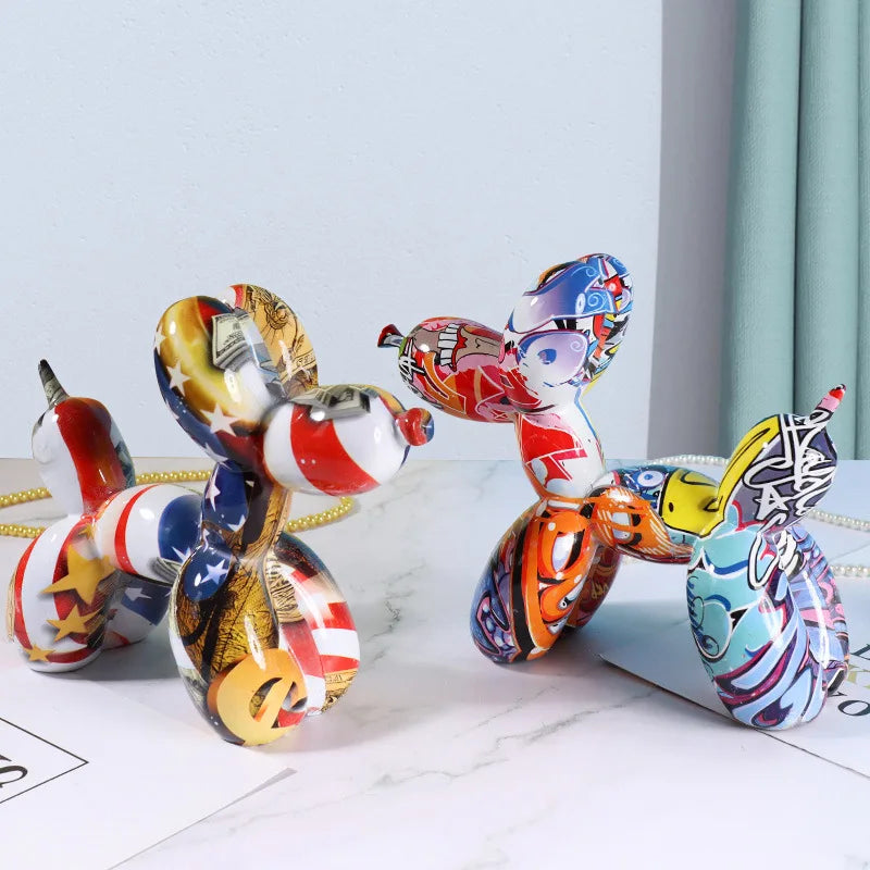 Whimsical Water-Transfer Balloon Dog Sculpture-Dazzling Graffiti Art Decor for Living Room/Entryway,Vibrant TV Stand Centerpiece