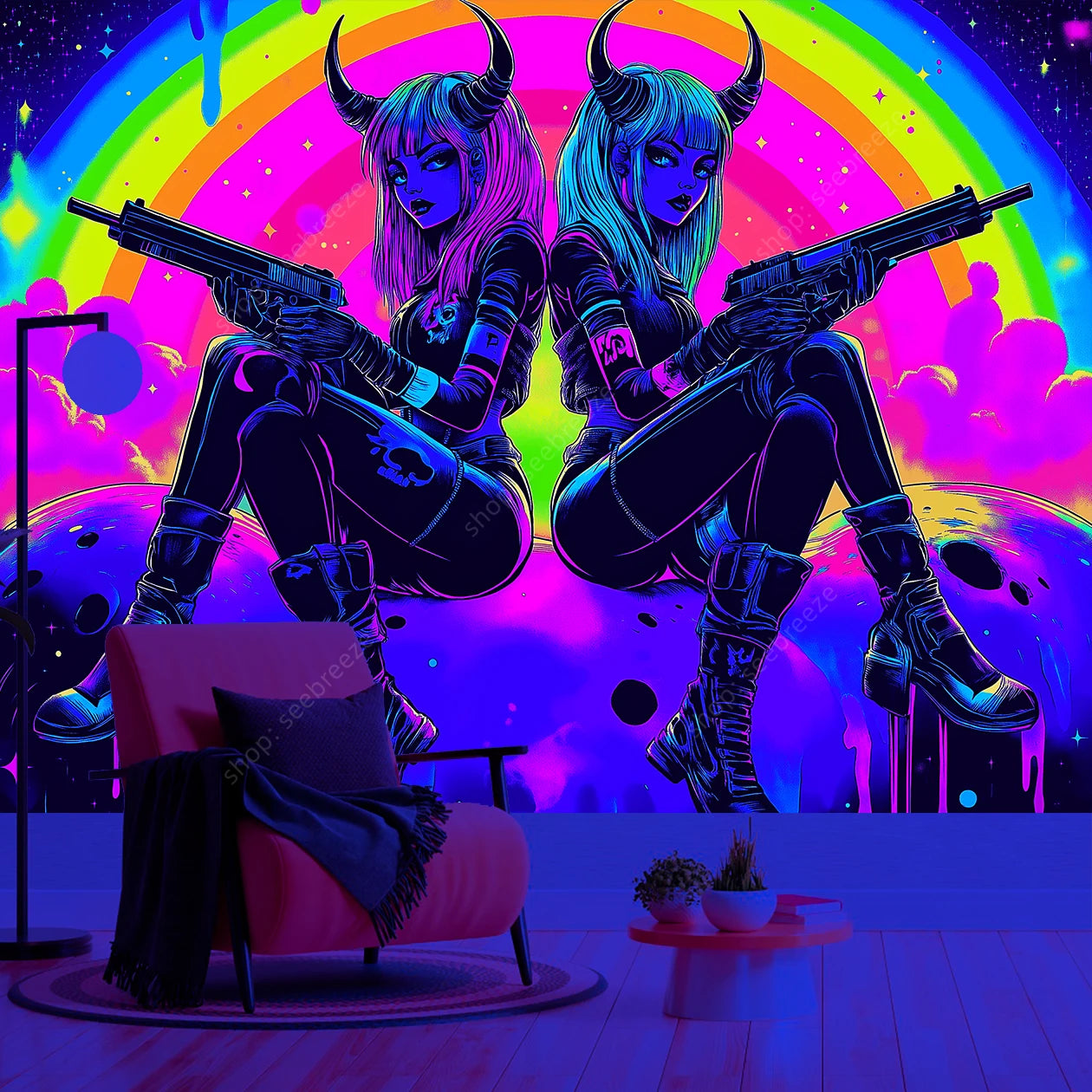 Vibrant Psychedelic Dual Warrior Girls Cosmic UV Tapestry Bohemian Bedroom Outdoor Wall Art Decor with Rainbow Galaxy Design